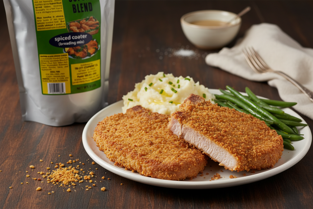 Ultimate crispy fried pork chops coated in SUPERB BLEND Breading Mix, golden brown and served with classic sides