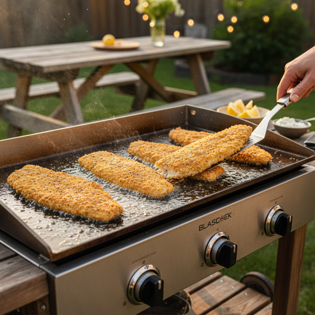 Crispy breaded catfish fillets sizzling on a Blackstone flat-top griddle, golden crust forming, made with SUPERB BLEND Breading Mix