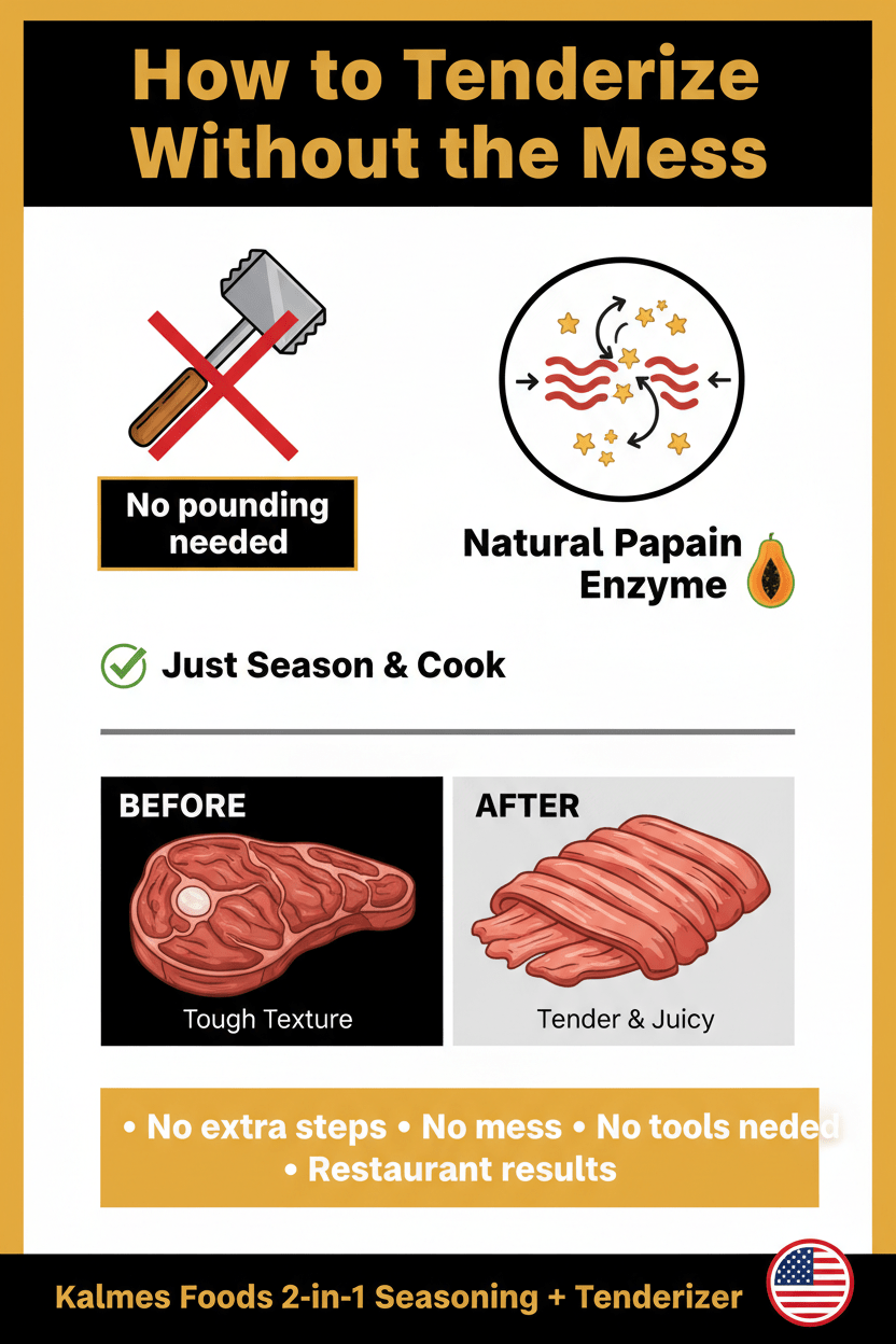 Side-by-side comparison of enzymatic meat tenderizer seasoning versus mechanical meat mallet for tenderizing steak