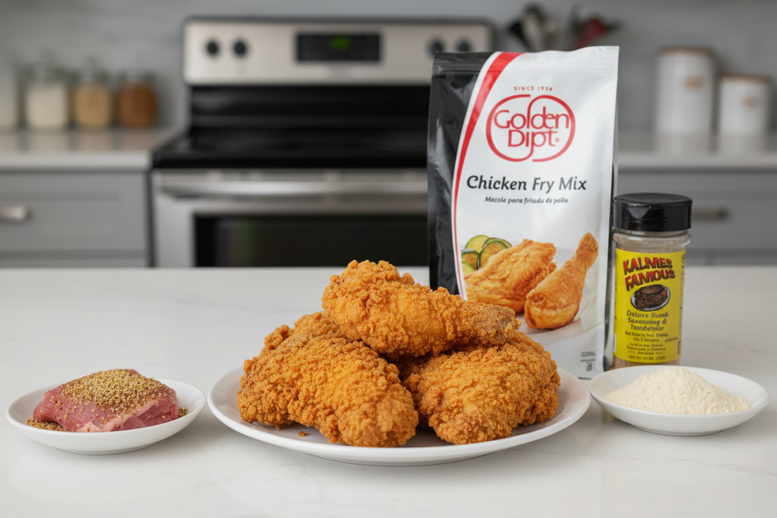 Classic crispy fried chicken made with Golden Dipt Breading Mix and Kalmes 2-in-1 Seasoning, golden brown and ready to serve