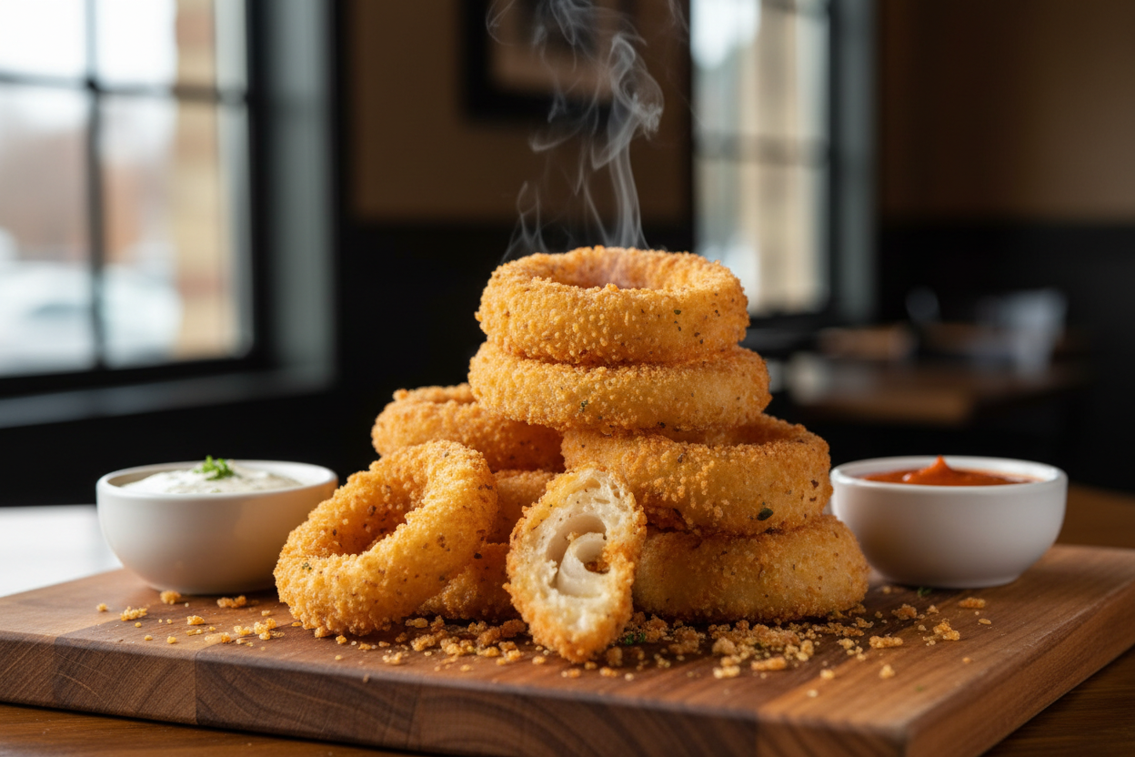 Crispy restaurant-style onion rings made with Golden Dipt Seasoned Flour Breading Mix, golden brown and served with dipping sauce