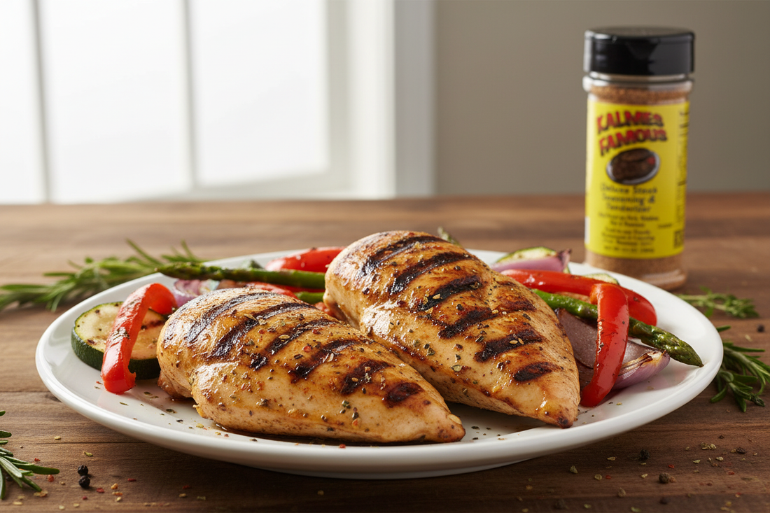 Juicy grilled chicken breast seasoned with Kalmes 2-in-1 Seasoning & Tenderizer, sliced and ready to serve