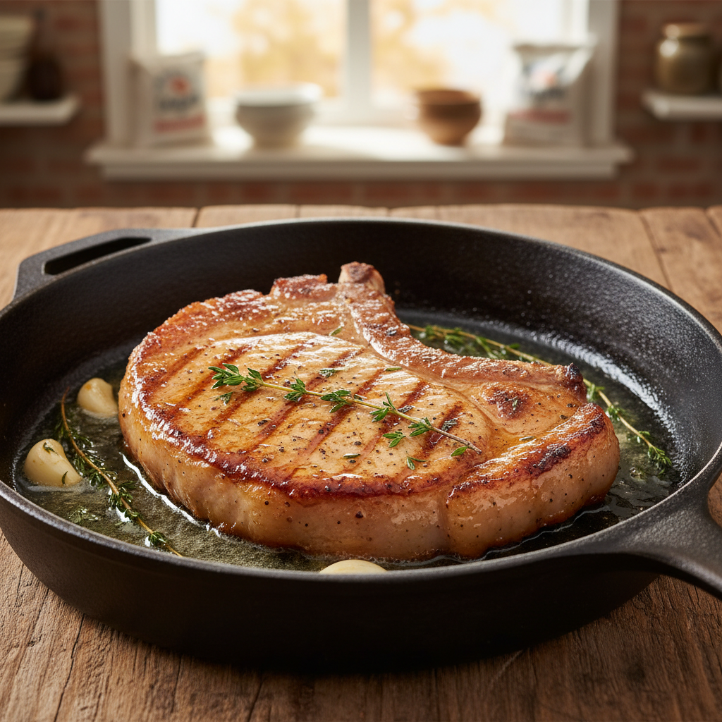 Juicy bone-in Iowa pork chop in a cast iron skillet seasoned with Kalmes 2-in-1 Seasoning & Tenderizer, perfectly seared with butter and fresh thyme