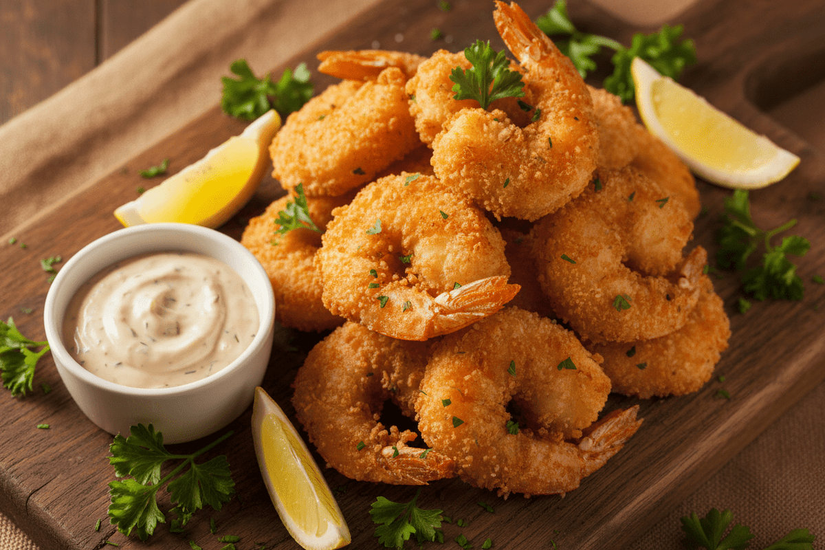 Crispy fried shrimp coated in Kalmes SUPERB BLEND Breading Mix - Kalmes Foods Co