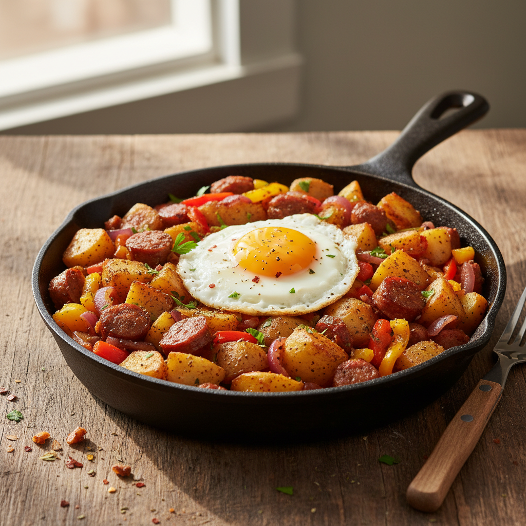 Kalmes Seasoned Breakfast Hash in a cast iron skillet — crispy potatoes, sausage, and vegetables topped with a fried egg.