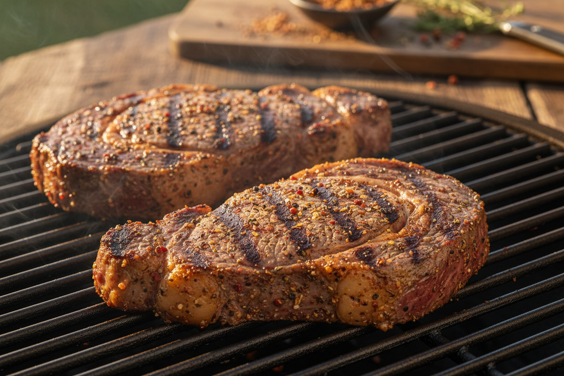 Perfectly seared steak seasoned with Kalmes 2-in-1 Seasoning & Tenderizer resting on a cutting board
