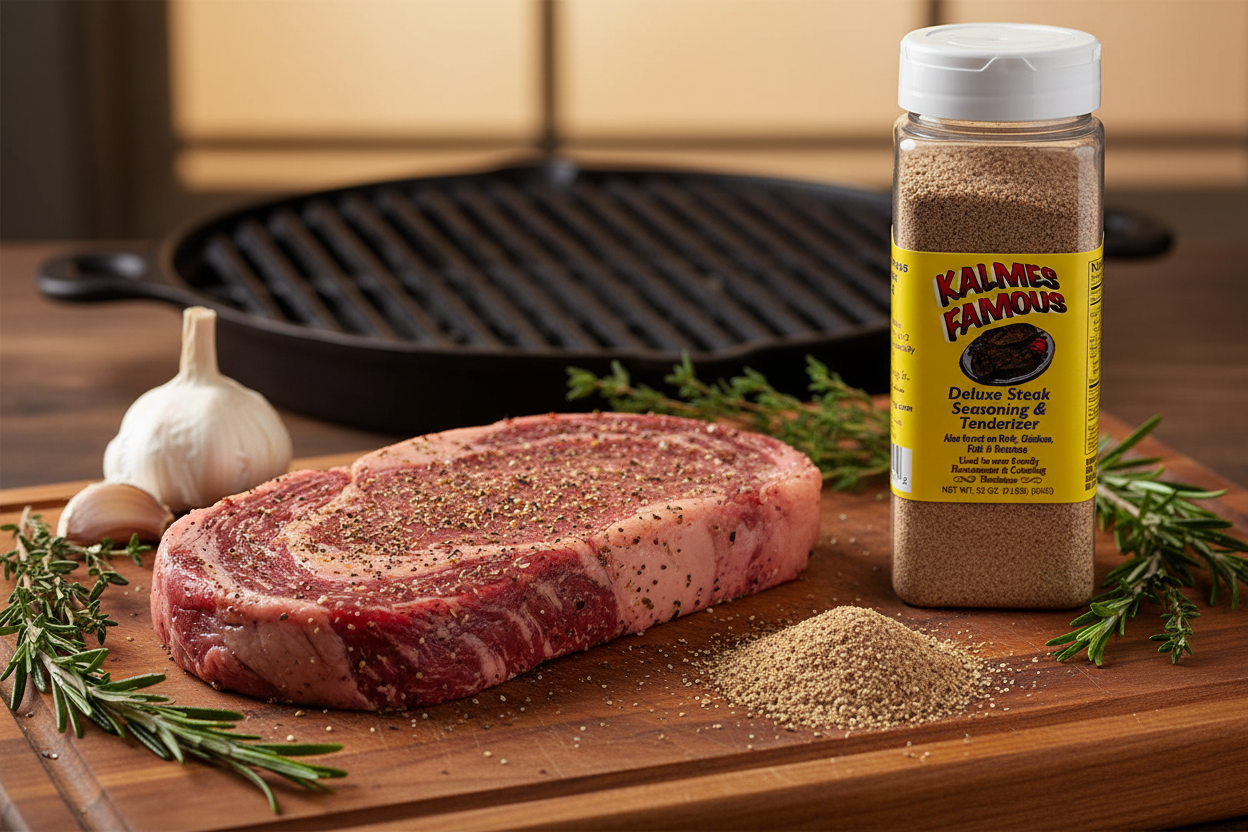 Ultimate marinated ribeye steak seasoned with Kalmes 2-in-1 Seasoning & Tenderizer, grilled to perfection