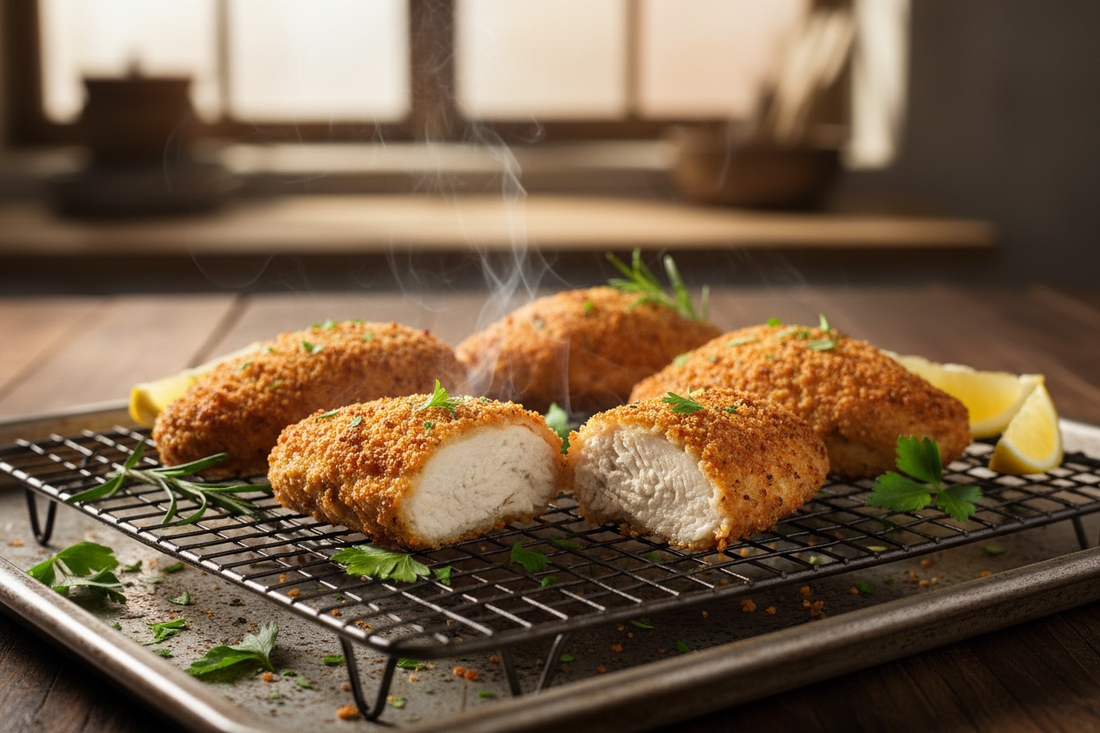 Oven-baked crispy chicken coated in SUPERB BLEND Breading Mix and Kalmes 2-in-1 Seasoning—golden brown, restaurant-quality, no fryer needed
