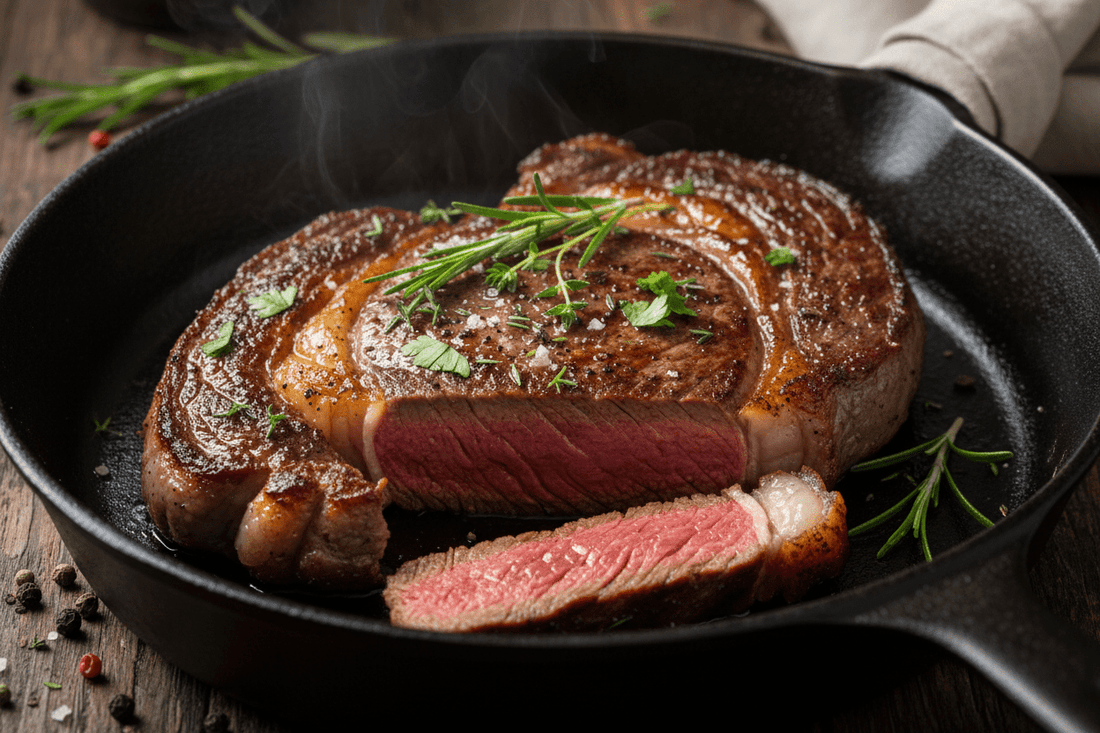 Perfectly seared ribeye steak seasoned with Kalmes 2-in-1 Seasoning & Tenderizer, cooked in a cast iron skillet to medium-rare