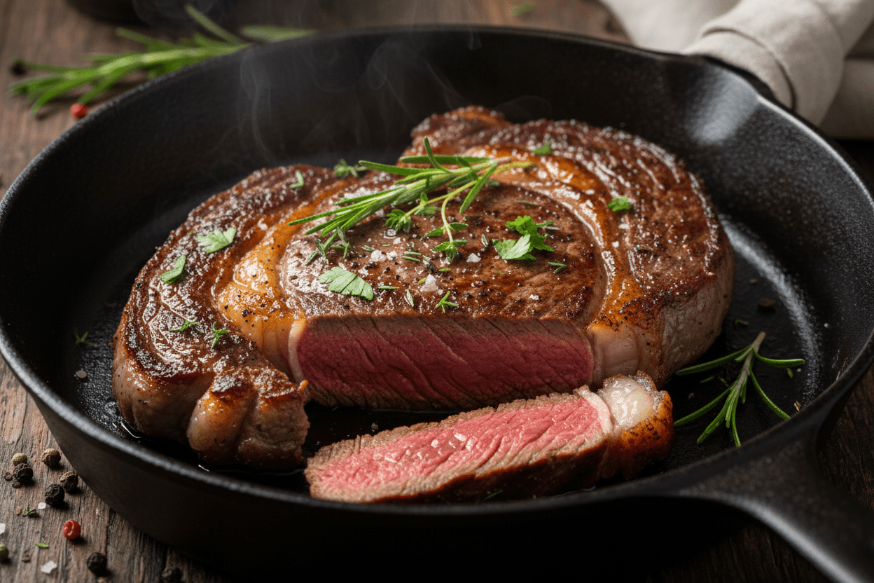 Perfectly seared ribeye steak seasoned with Kalmes 2-in-1 Seasoning & Tenderizer, cooked in a cast iron skillet to medium-rare