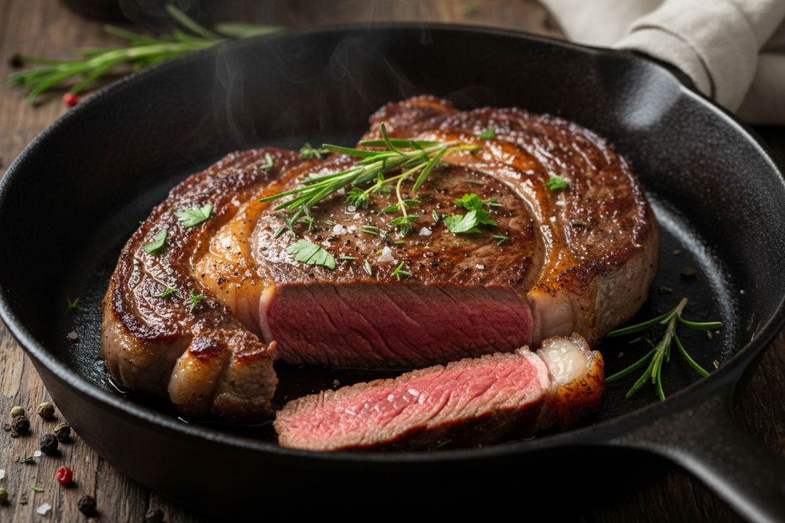 Perfectly seared ribeye steak seasoned with Kalmes 2-in-1 Seasoning & Tenderizer, cooked in a cast iron skillet to medium-rare