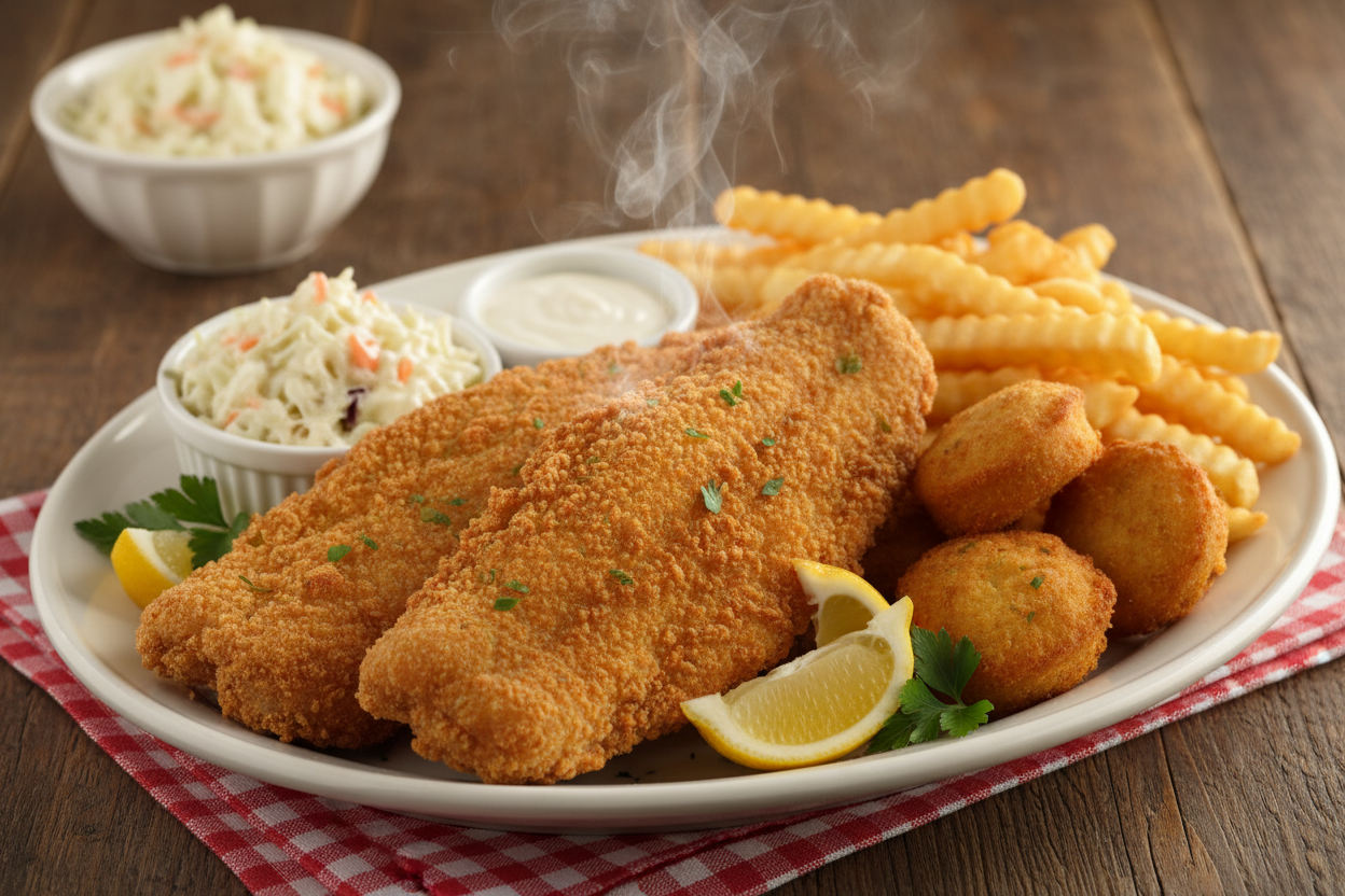 Golden crispy fried catfish fillets with Golden Dipt breading served with coleslaw, hush puppies, and fries on a white platter