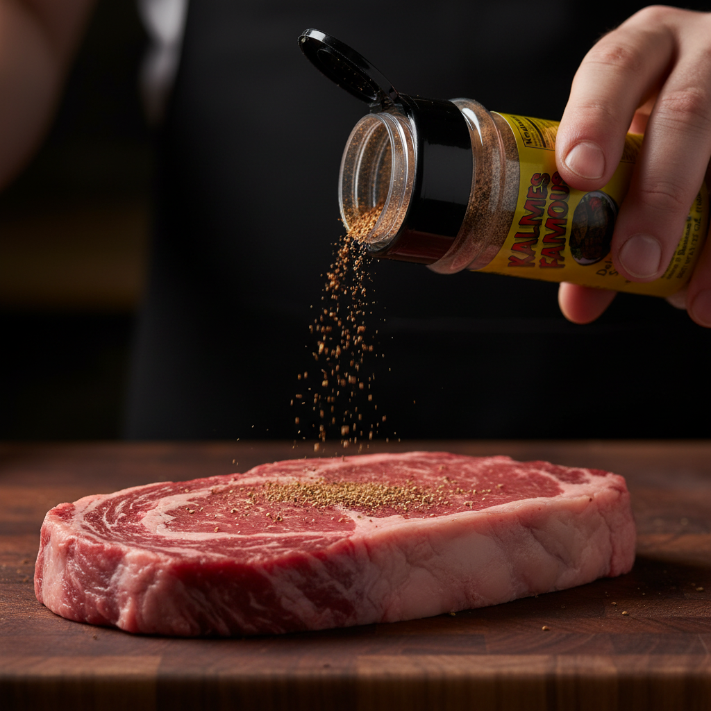 Kalmes Famous Seasoning & Tenderizer Bottle being sprinkled on a steak 