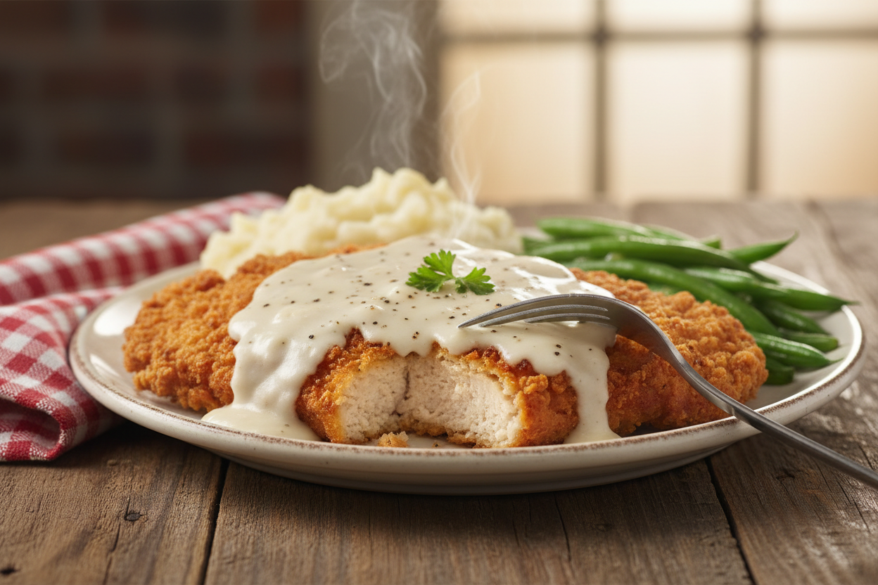 Ultimate chicken fried steak made with Kalmes 2-in-1 Seasoning & Tenderizer and Golden Dipt Breading, smothered in country gravy