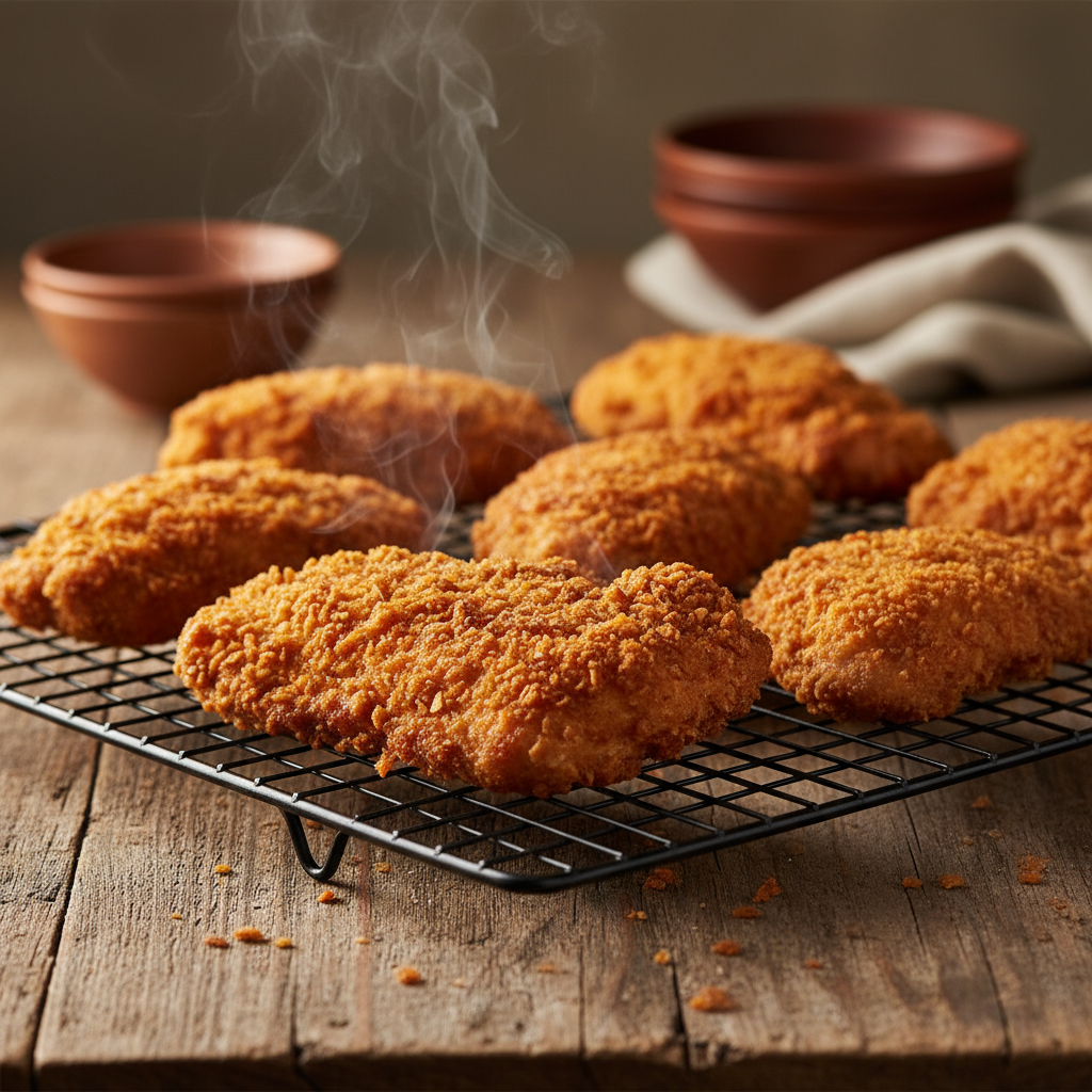 Perfectly crispy golden breaded chicken on a wire rack made with SUPERB BLEND Breading Mix