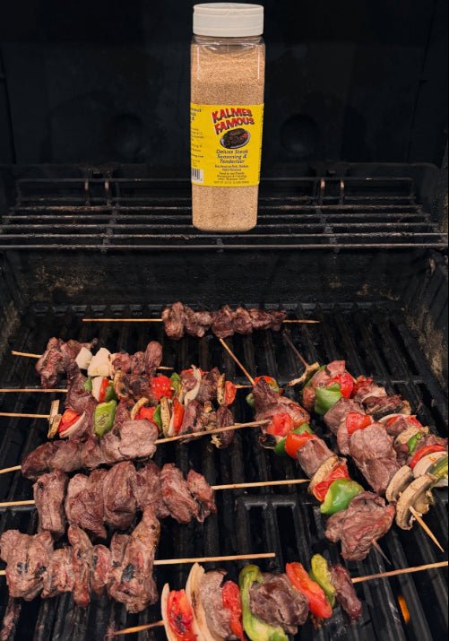 Steak and Vegetable Skewers seasoned with Kalmes Famous Seasoning & Tenderizer 