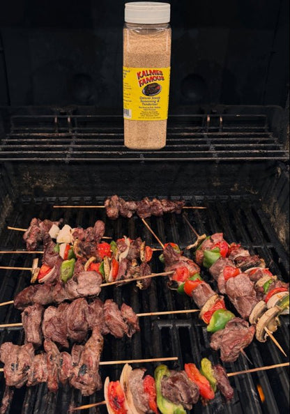 Steak and Vegetable Skewers seasoned with Kalmes Famous Seasoning & Tenderizer 