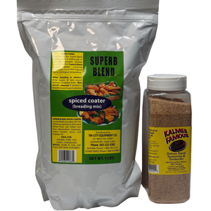 Kalmes Famous Deluxe Steak Seasoning & Tenderizer 32oz shaker next to a 5 lb bag of Superb Blend Spiced Coater breading mix — family size bundle for home and restaurant use