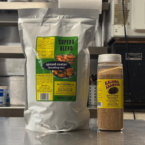 Kalmes Famous Seasoning and SUPERB BLEND Spiced Coater breading mix bundle on kitchen counter - premium steak seasoning and breading for home cooks