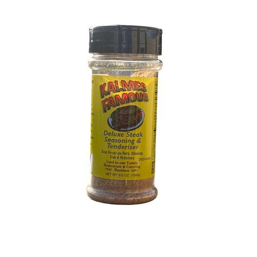 Kalmes Famous Deluxe Steak Seasoning & Tenderizer container on a white background