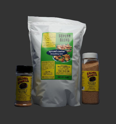 Spiced coating mix packaging with a jar and container on a dark background