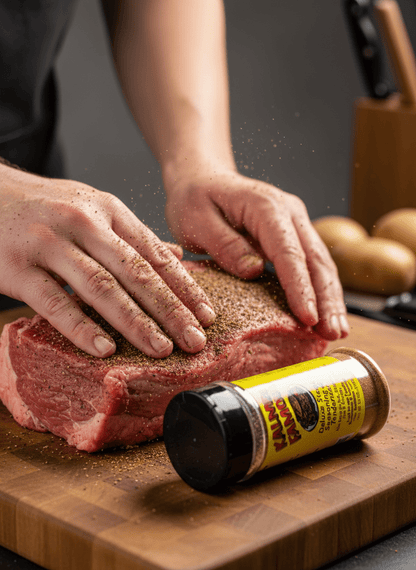 Applying Kalmes seasoning to meat