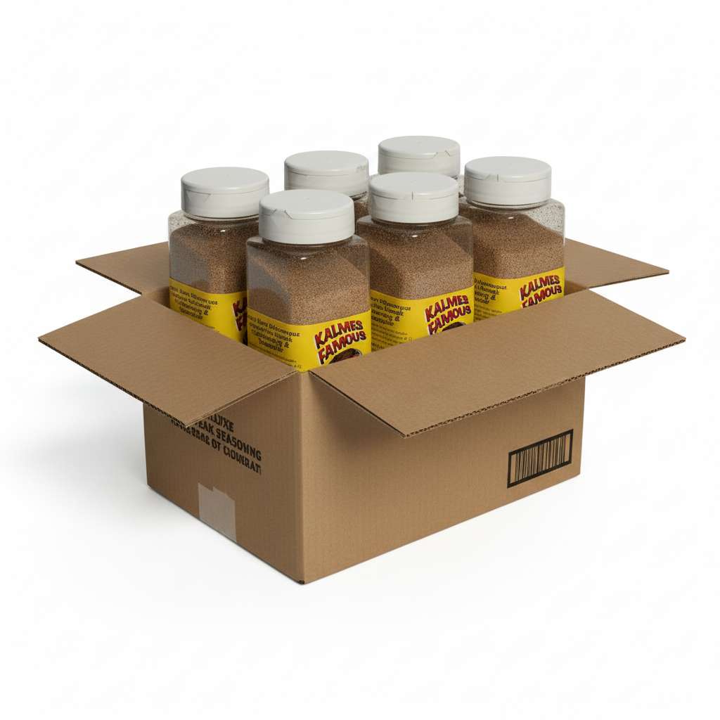 Cardboard box with Kalmes Seasoning containers on a white background