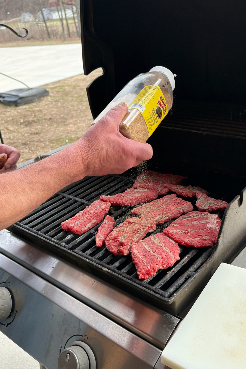 Kalmes Famous Deluxe Steak Seasoning & Tenderizer being shaken over raw steaks on a gas grill