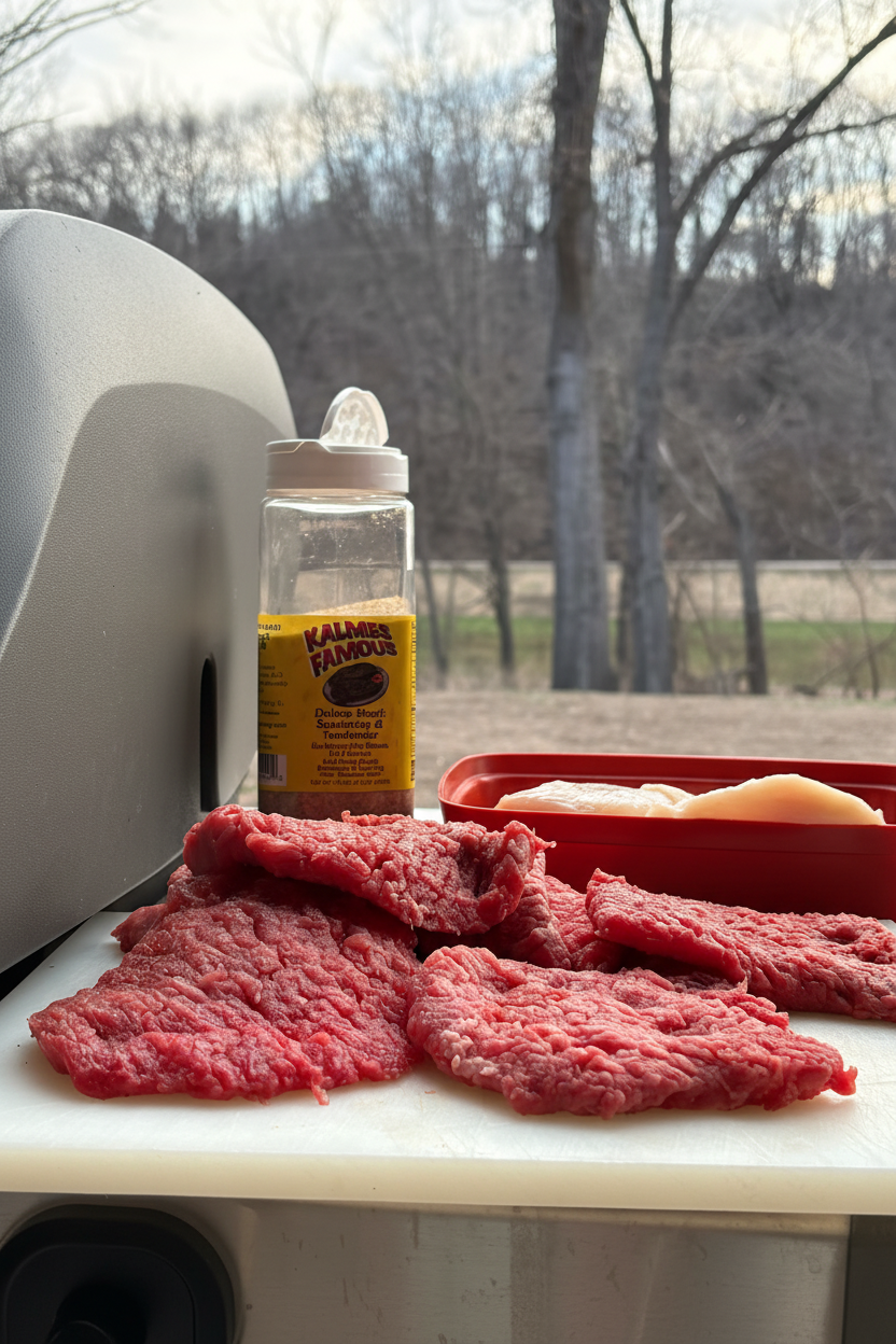 Kalmes Famous Deluxe Steak Seasoning & Tenderizer bottle next to raw cube steaks on a cutting board ready to season
