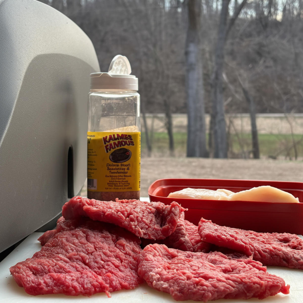 Kalmes Famous Deluxe Steak Seasoning & Tenderizer bottle next to raw cube steaks on a cutting board ready to season