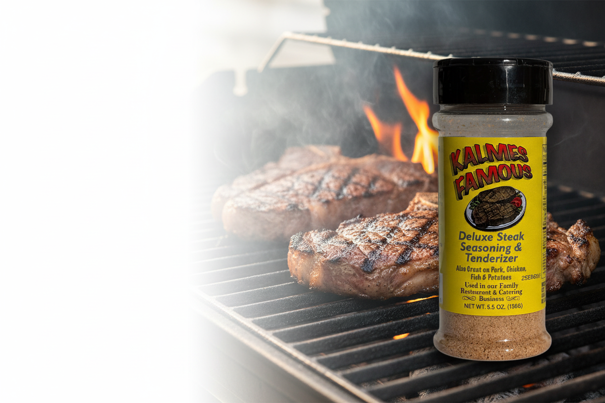 Hero image with bottle of Kalmes Famous Seasoning & Tenderizer, grill, flames, and grilled steaks 