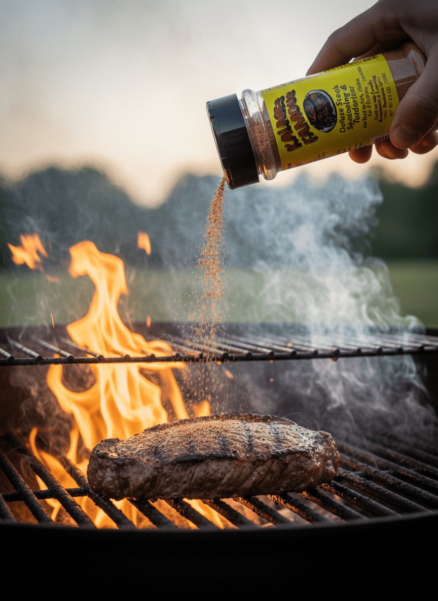Kalmes bottle seasoning steak on grill
