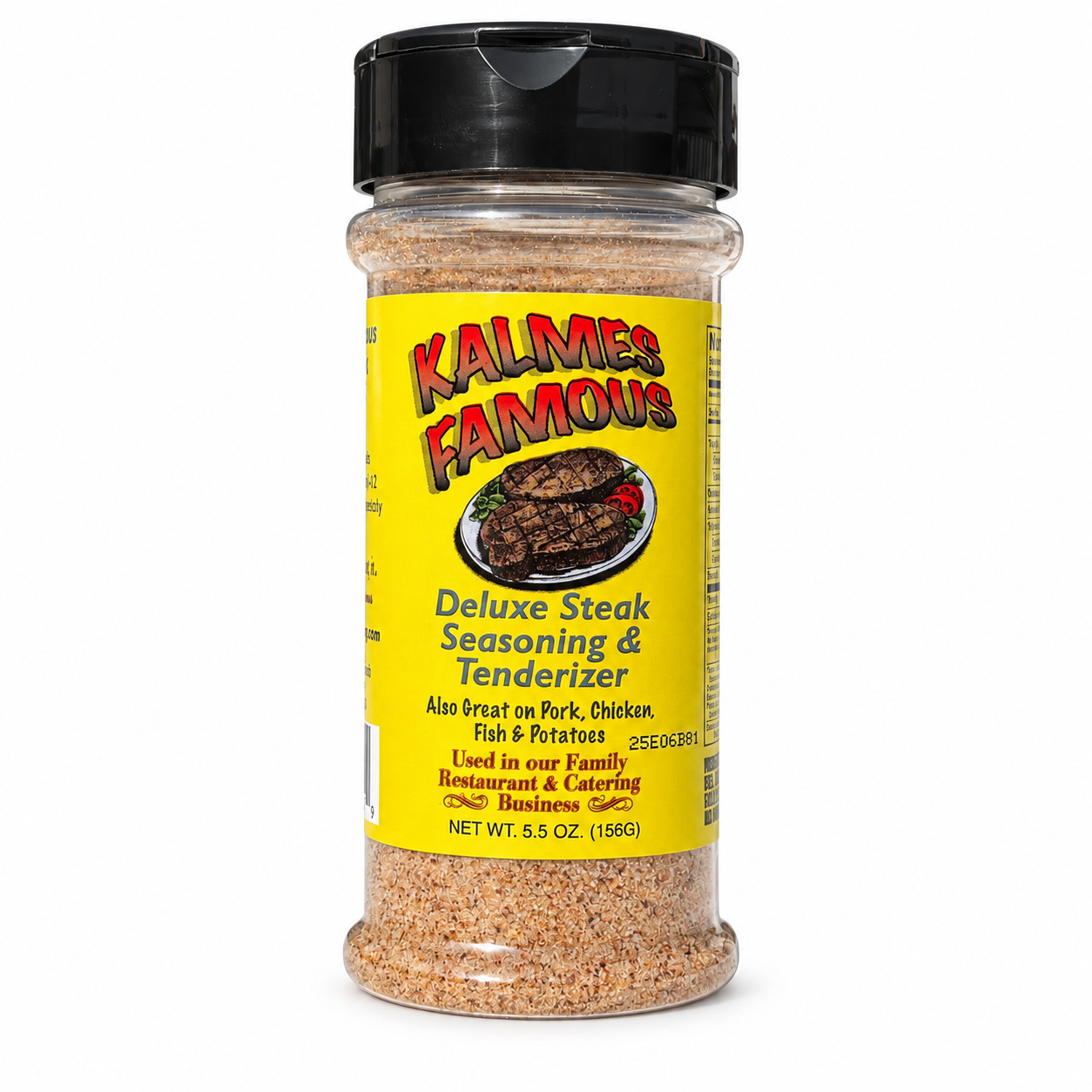 A bottle of Kalmes Famous Deluxe Steak Seasoning & Tenderizer, 5.5 oz, featuring a bright yellow label and a black shaker cap, shown on a white background.