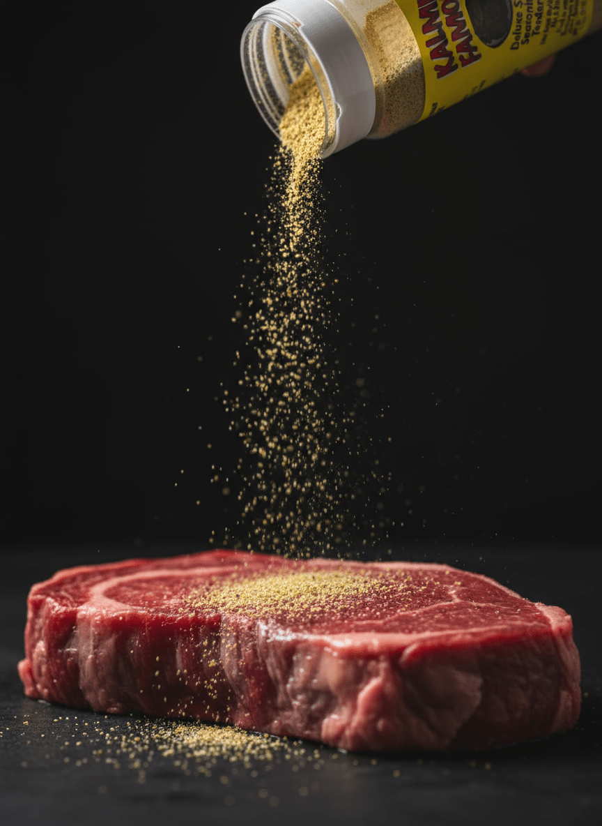 Kalmes seasoning being sprinkled on steak