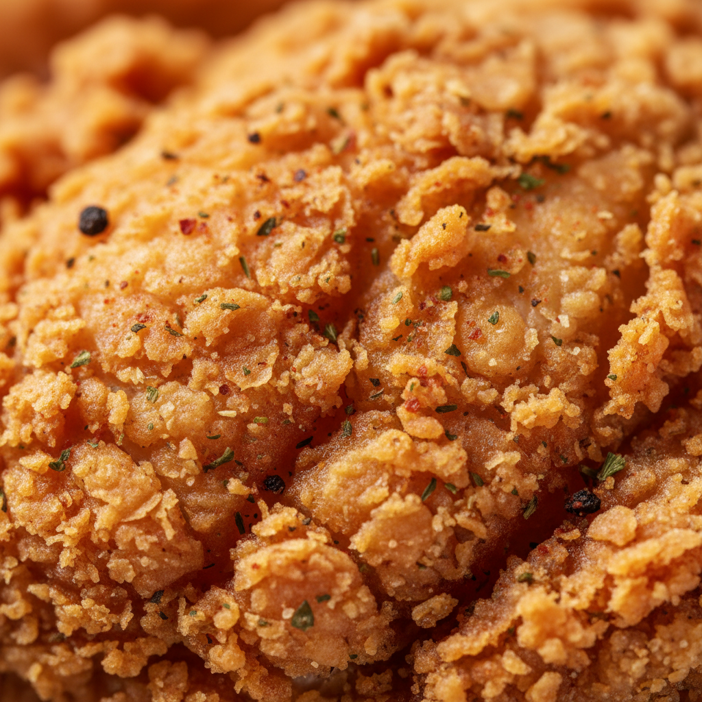Close-up crispy fried chicken texture using Kalmes SUPERB BLEND breading mix
