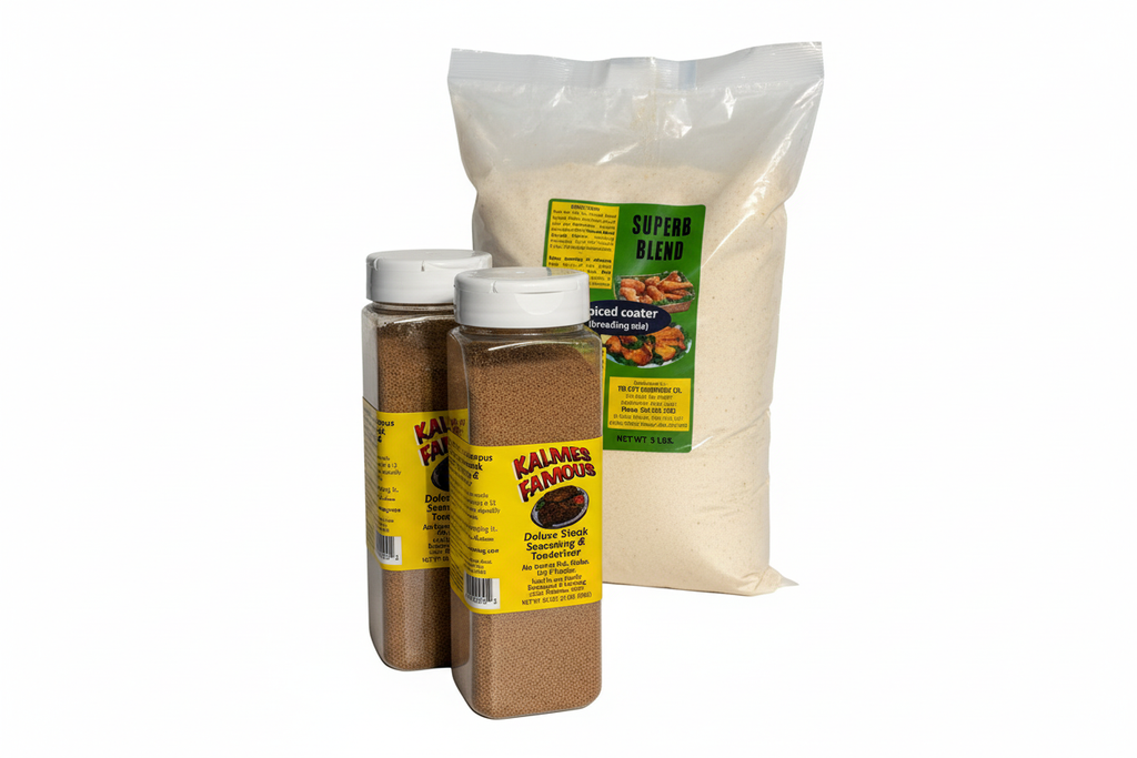 Restaurant Starter Pack wholesale bundle - 3 bottles Kalmes seasoning and 5lb SUPERB BLEND breading mix
