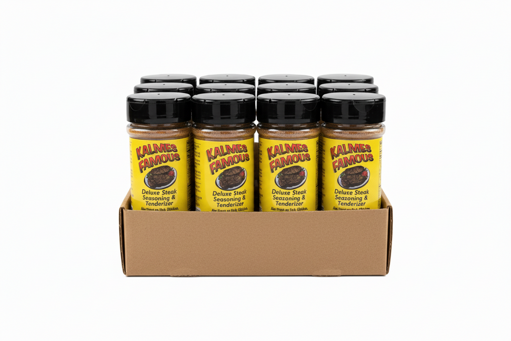 Case of 12 Kalmes Famous Seasoning 5oz bottles - wholesale case for retail stores and resale
