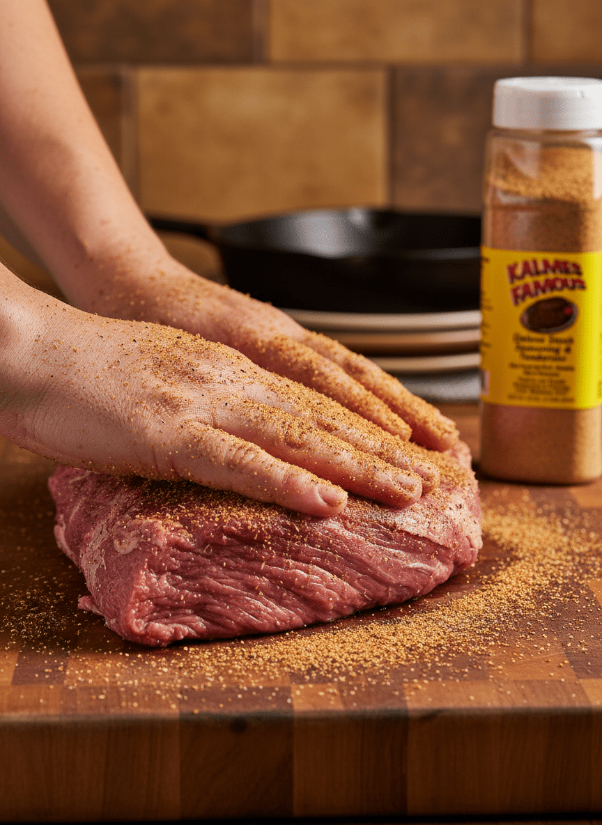 Rubbing Kalmes seasoning into meat