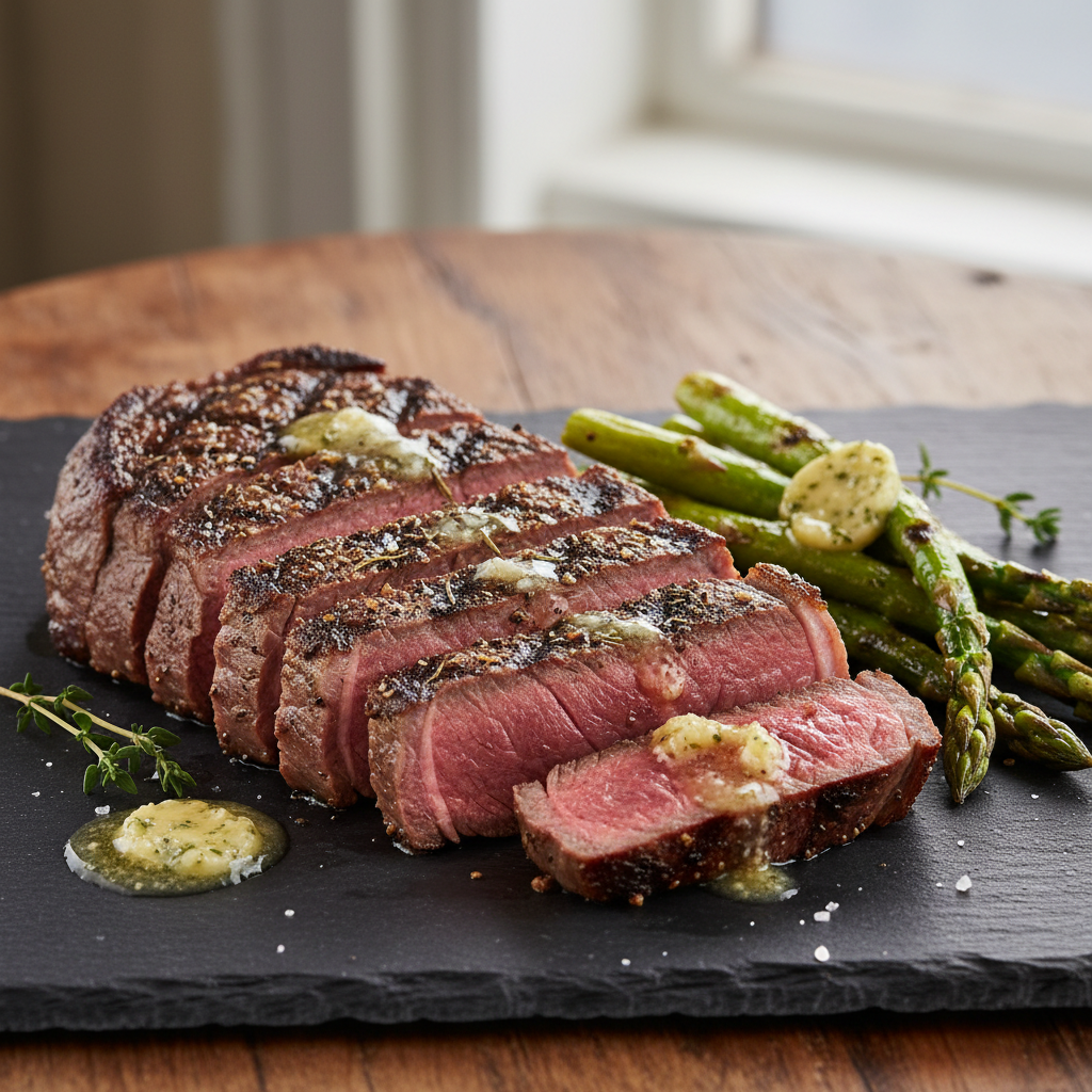 Steakhouse-quality ribeye steak seasoned with Kalmes 2-in-1 Meat Tenderizer