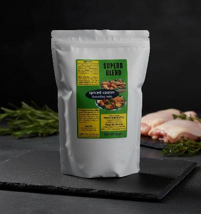 Super Blend spiced coater seasoning mix packaging on a dark surface with chicken and herbs.