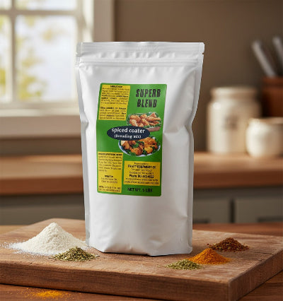 Superb Blend spiced coater seasoning mix packaging on a wooden surface with ingredients.